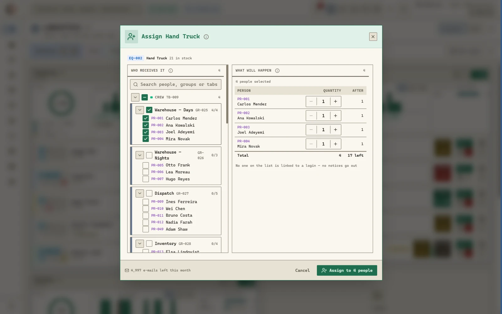 Handing an item to several people at once: pick the people, set how many each gets, see the stock after