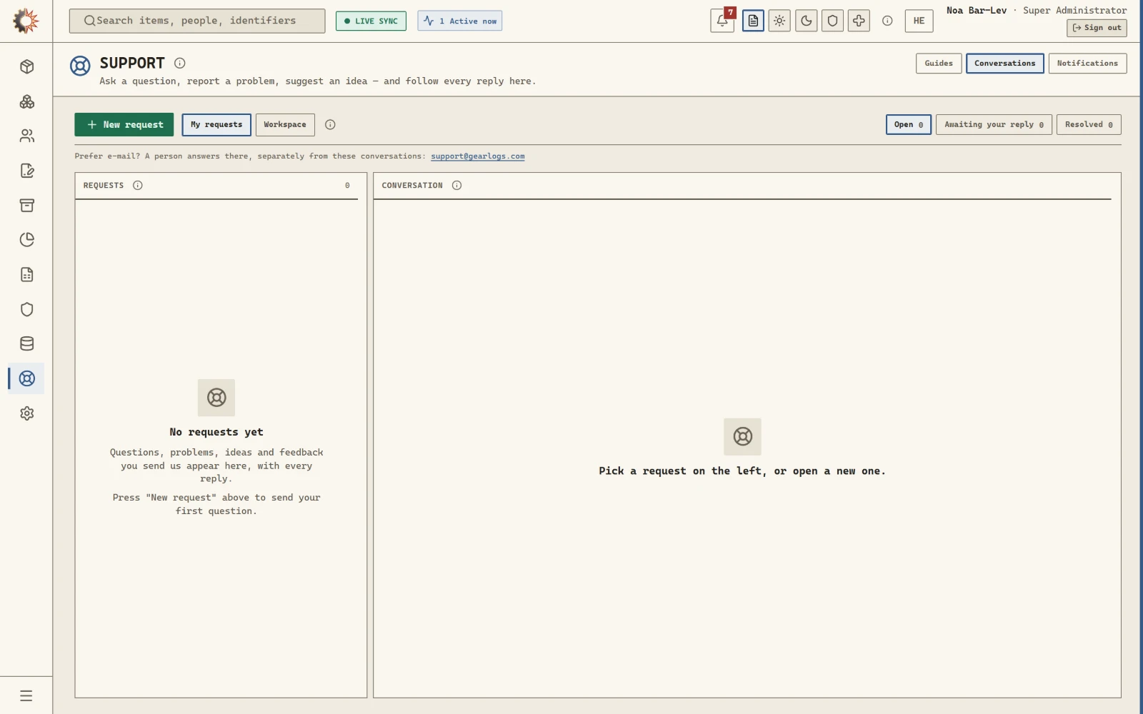 Support in GearLogs: Support in the side menu, and the Guides, Conversations and Notifications tabs